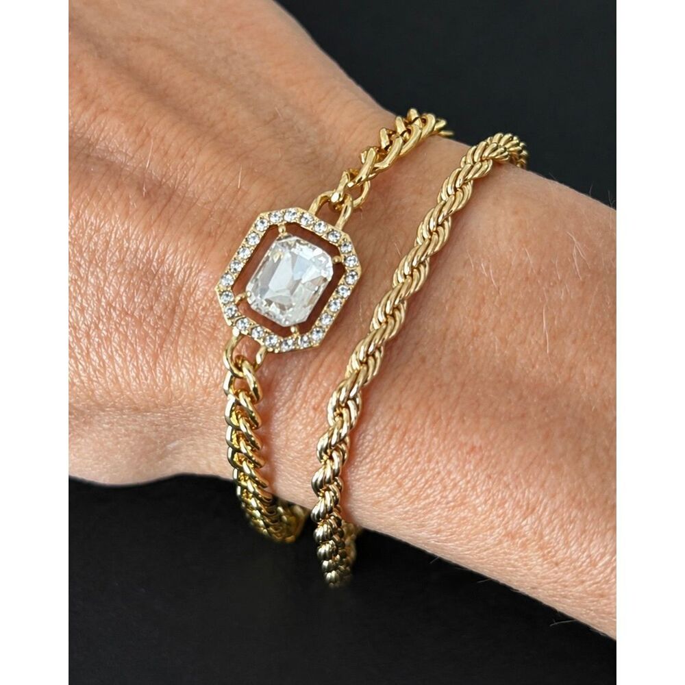 Set of 2 Gold Tone Anklets or Bracelets with Crystal Accents